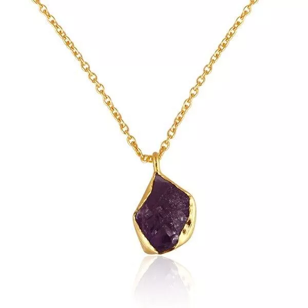 Rough Amethyst Pendent 18K Gold Plated Chain Necklace With Raw Stone Jewelry