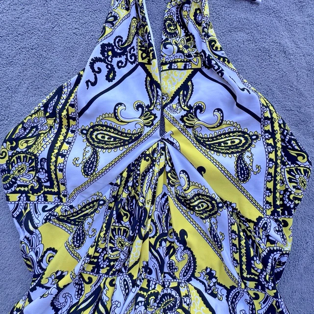 Cache Halter Dress Large Yellow Black White Paisley Print Lined Stretch Summer Cache Halter Dress Large Yellow Black White Paisley Print Lined Stretch Summer