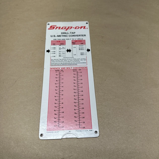 VINTAGE SNAP-ON CONVERSION Chart Drill Tap Metric Converter 1981 ...