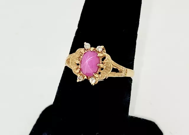 Vintage 14K Gold Lab Created Pink Linde Star Sapphire Diamonds Ring,7.5