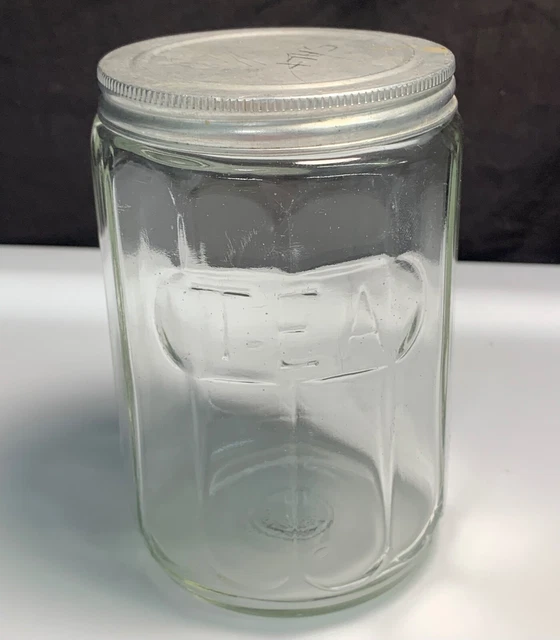 * Vintage Hoosier Jar TEA Panel Clear Glass Embossed with Aluminum Lid
