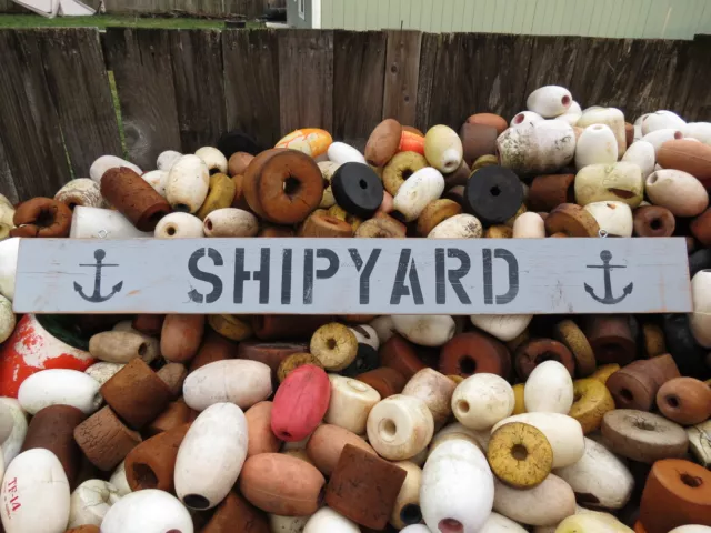 48 Inch Wood Hand Painted Shipyard & Anchor Sign Nautical Seafood (#S501)