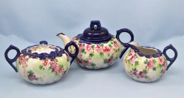 Antique Hand Painted Nippon Japan Tea Pot Sugar Creamer Set Blue Floral