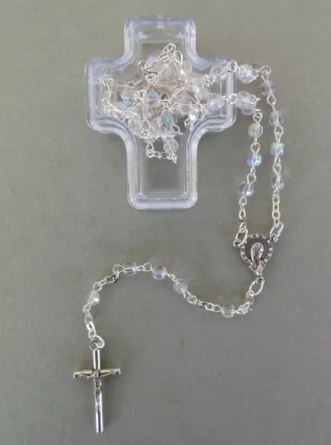 Rosenkranz schimmernde Perlen +  Schatulle Kreuz Erstkommunion Mädchen AR 628