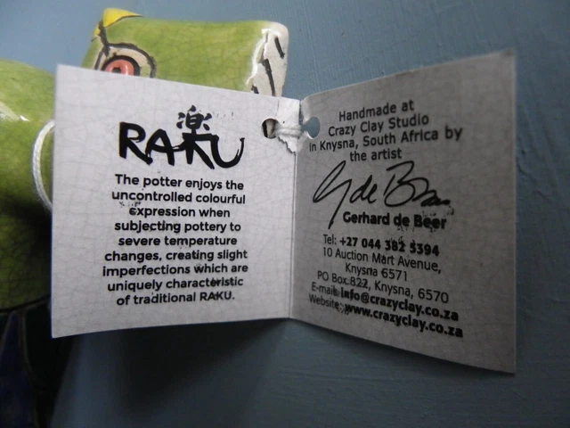 Raku Handmade Bird Crazy Clay Studio So. Africa Gerhard de Beer Signed 7" Long 8
