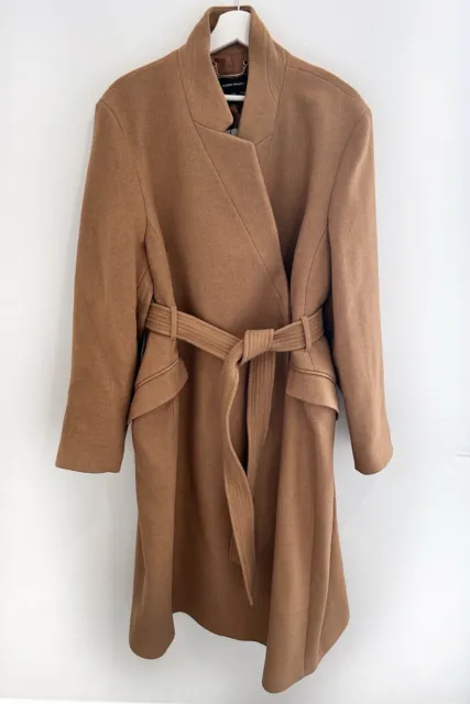 Karen Millen Wool Blend Camel Belted Notch Neck Coat UK 24