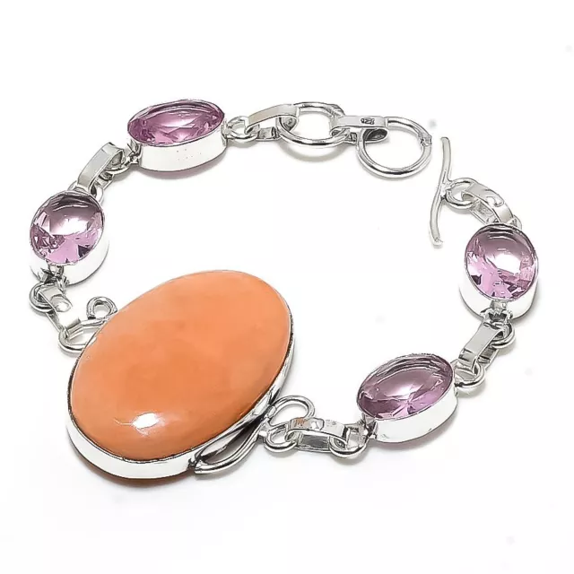 Orange Aventurine, Kunzite Gemstone Handmade Gift Jewelry Bracelet 7-8" u286