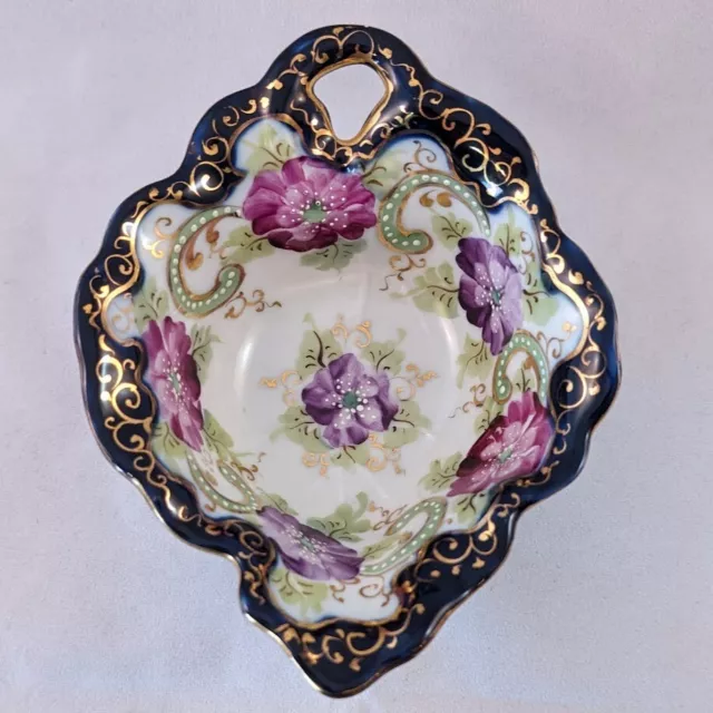 Vintage Scalloped Ornate Hand Painted Cobalt Blue Pink Purple Floral Gold Bowl