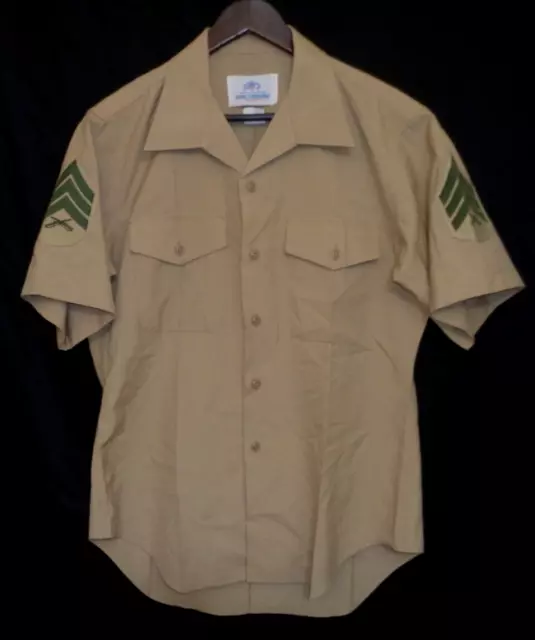 USMC Military Khaki Tan Short Sleeve  Sz 16 Mens Button Down Shirt Wool/Poly