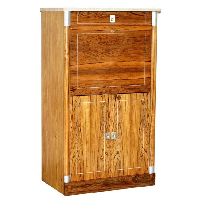 Vintage Rosewood Marble Topped Chrome Drop Front Secretaire Desk With Drawers