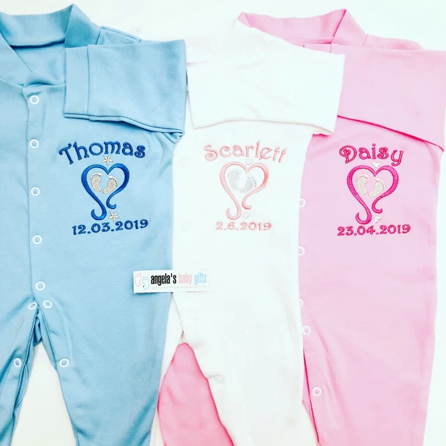 Personalised Name Date Baby Grow Sleepsuit Girl Boy Gift New Heart Feet