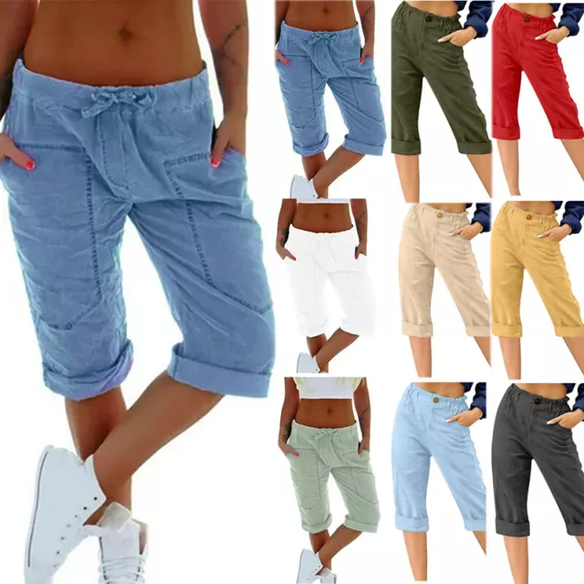 WOMEN 3/4 THREE QUARTER TROUSERS LADIES PLAIN CROPPED CASUAL Capri PANTS BOTTOMS