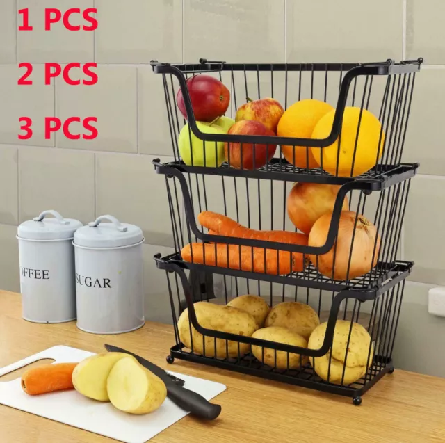 3Pcs Metal Wire Vegetable Fruit Storage Basket Kitchen Stackable Rack w/Handle