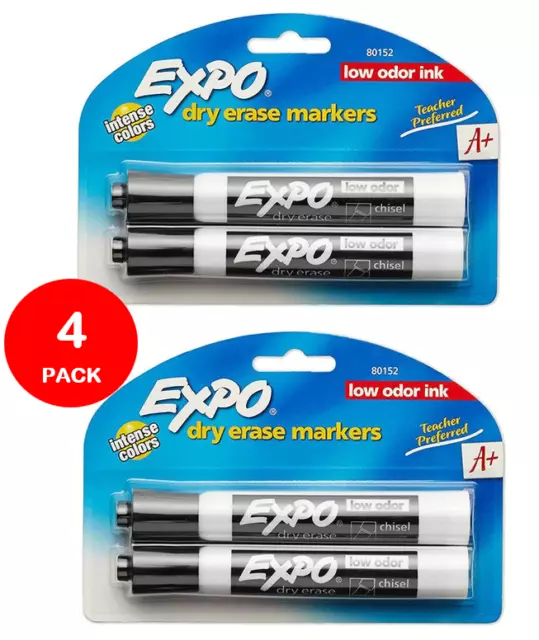 4 X Expo Whiteboard Markers Dry Erase Chisel Tip Low Odour Ink - Black