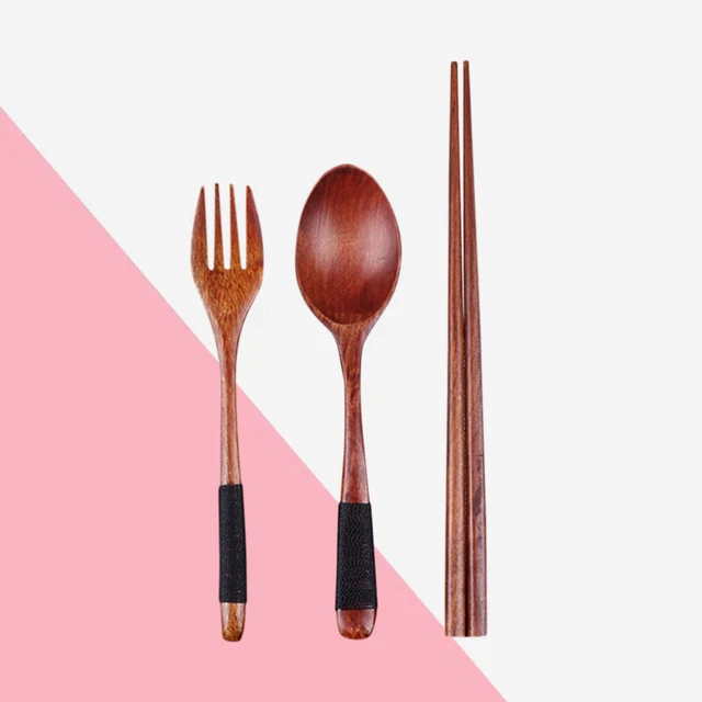Juego de vajilla de madera con bolsa para acampar viaje picnic oficina o hogar (tenedor,