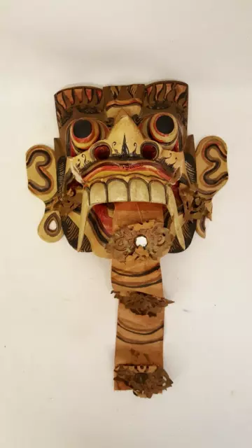 Rangda mask demon queen of Bali carved painted wood mask wall hanging 9" tall