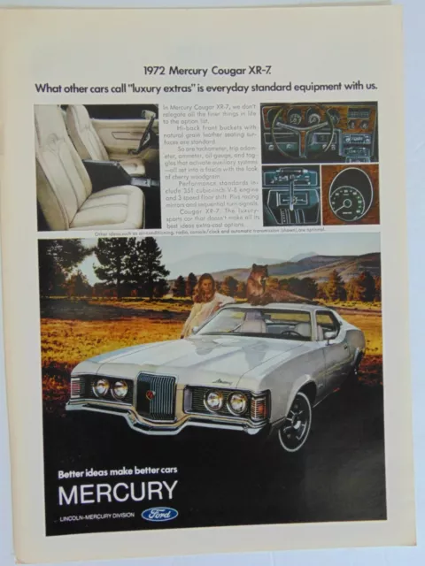 1972 MERCURY COUGAR XR-7 Woman Live Cougar on Car vintage art print ad