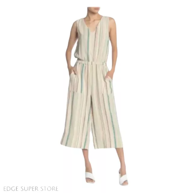 Splendid Beige Pink Green Striped Linen Blend Wide Leg V-neck Jumpsuit Small