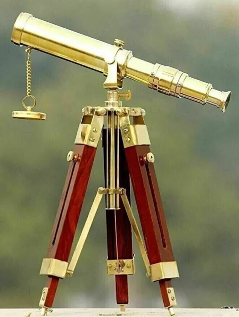 Antique Brass Vintage Telescope With Wooden Tripod Stand Telescope.