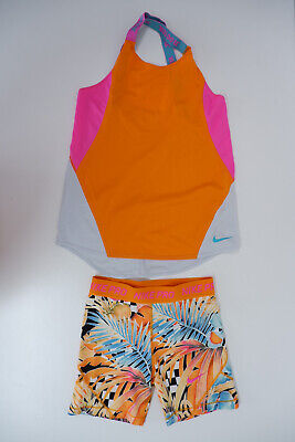 Nike Ragazze Palestra Set Outfit Taglia XL età 13-15 ANNI Pro Pantaloncini canotta a fiori