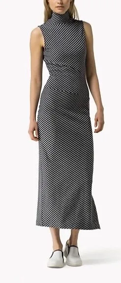 GiGi Hadid Tommy Hilfiger Dress Size XL Blue Grey Stripes Midi/ Maxi High Neck