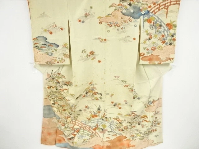 81252# Japanese Kimono / Antique Kimono / Embroidery / Wave & Bridge With Fl