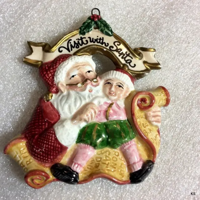 Vtg Fitz & Floyd Visit with Santa Christmas Ornament Porcelain Handpainted 1995