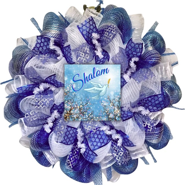 Shalom Wreath With Star Of David Ribbons Handmade Deco Mesh