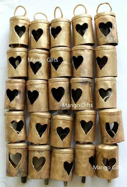 50 Rustic GOLD Cow Heart Bells Indian Metal Tin Bells Decor Wind Chimes Lot 55Pc