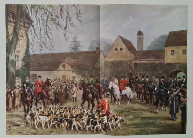 Le départ de la chasse à courre 1938 Estampe en couleur Chasse Animaux Chien