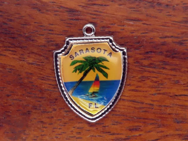 Vintage silver SARASOTA FLORIDA STATE PALM TREE TRAVEL SHIELD charm 13-43