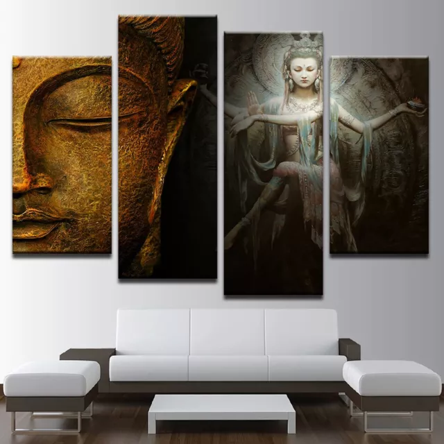 Buddha And Kuan Yin Goddess Of Compassion 4 Panel Canvas Print Wall Art