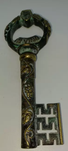 Antique Brass Skeleton Key Corkscrew In Vino Veritas Pristine Wonderful patina