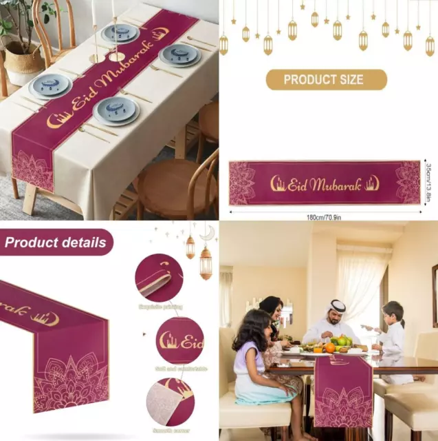 Eid Mubarak Table Runner, Linen Star Moon Mosque Tablecloth 35 x 180 cm