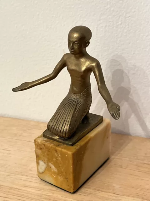 Vintage Bronze Egyptian Praying God On Marble Base Figure Rare