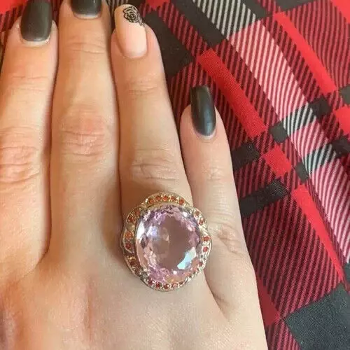 Large 25ctw Kunzite and Orange Sapphire Ring Size 8.5 Sterling Silver