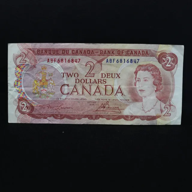 Vintage 1974 Collectable $2.00 Canadian Dollar Bill Lawson Bouey