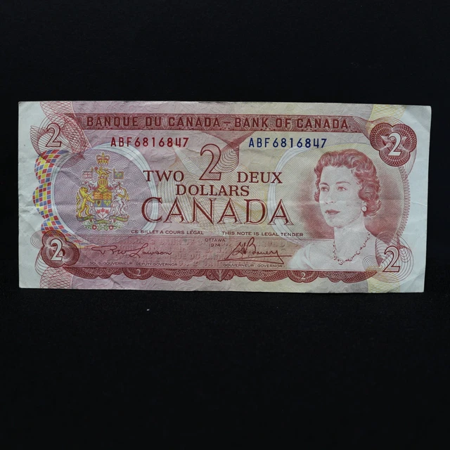 Vintage 1974 Collectable $2.00 Canadian Dollar Bill Lawson Bouey