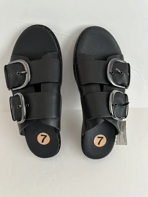 FITFLOP Black Women’s Duo Buckle Leather Slip On Sandal Size 7