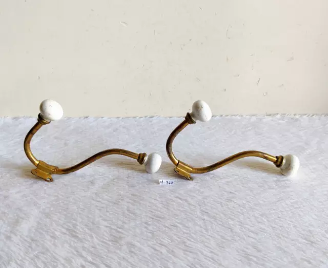 1920s Vintage Victorian Ceramic Knobs Ornate Brass Wall Hanger Hook 2 Pcs M322