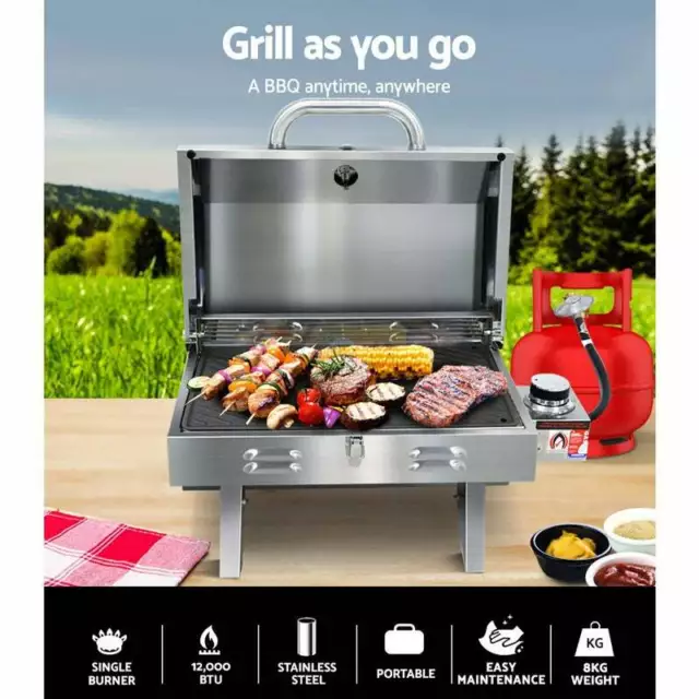 NEW STAINLESS STEEL PORTABLE GAS BBQ GRILL CAMPING - Bonus CAST IRON PLATE !