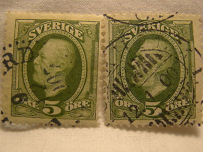 Sweden Stamp 1891 - 1904 Scott 56 A 10 Green 5 Oscar Set of 2