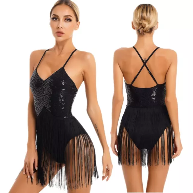 Women Glitter Sequin Tassel Leotard Dress V Neck Fringed Dance Performance Dress