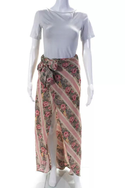 Love Shack Fancy Womens Pink Silk Floral Bow Front High Slit Maxi Skirt Size XS