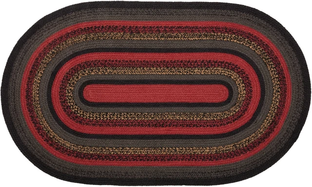 Red & Black Oval Braided Rug Eco-Friendly Country Farmhouse with Non-Slip Pad