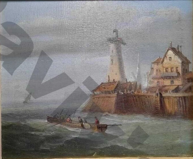 Tableau ancien, sortie du port en barque de pêche, XIXeme 44x36 cm HC