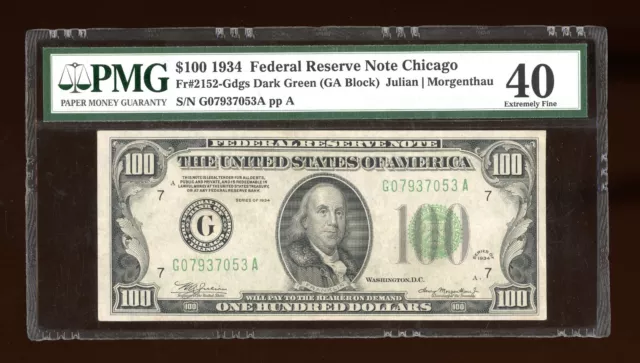 DBR 1934 $100 DGS FRN Chicago Fr. 2152-J PMG XF-40 Serial G07937053A