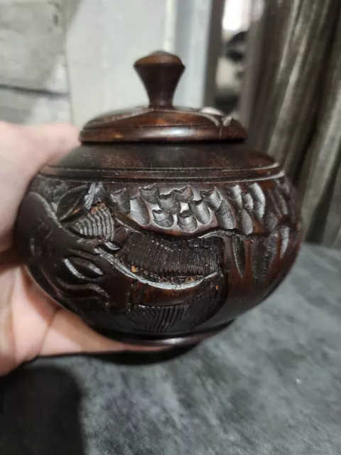 Wooden Carved Trinket / Tobacco Pot with Lid Elephant Design African Vintage 2