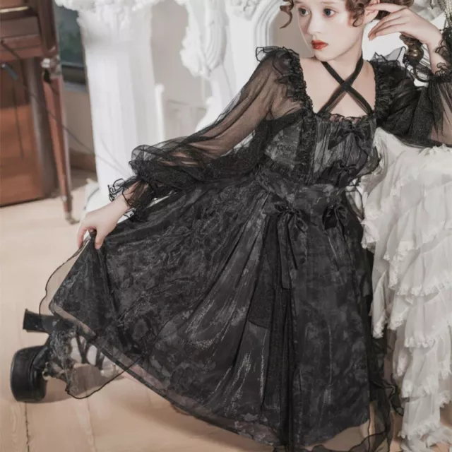 Donna Cosplay Gotico Abito a Balze Rete Puff Maniche Fiocco Steampunk Irregolare