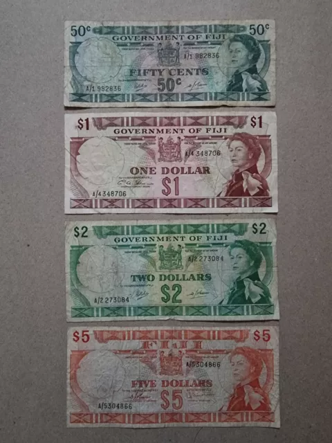 Fiji 50 cents, 1, 2 & 5 dollars Banknotes set of 4 notes ND 1969 - 1974 QEII
